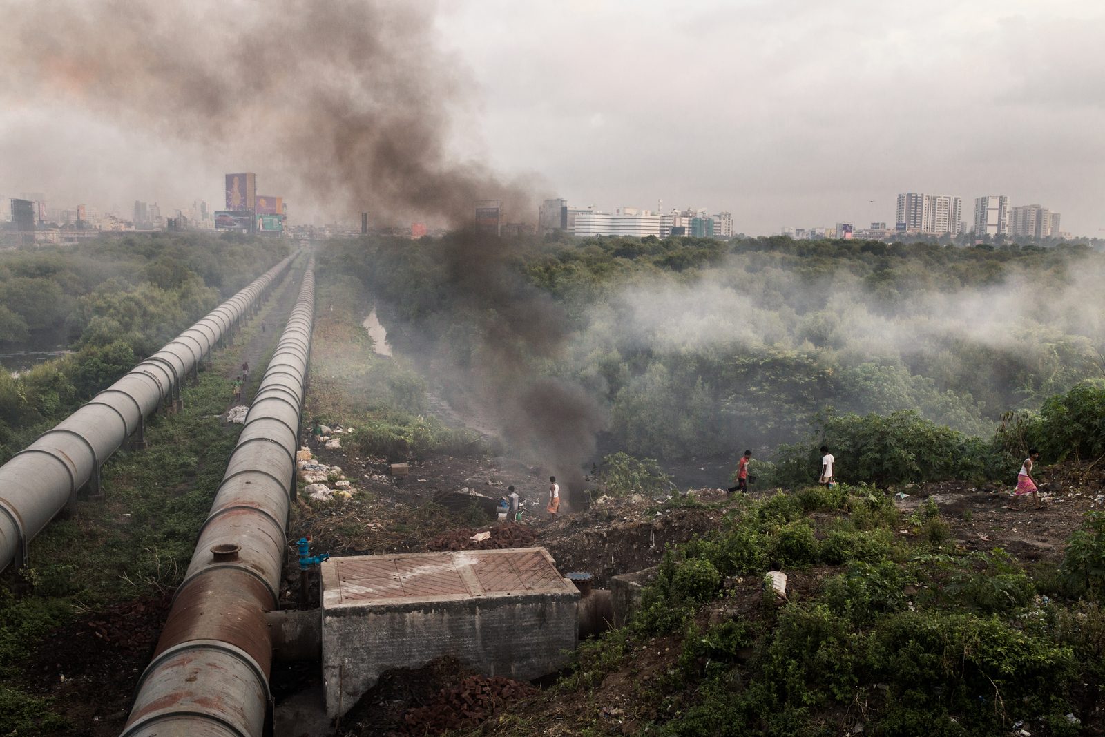 A garbage pile on fire in Mumbai, India