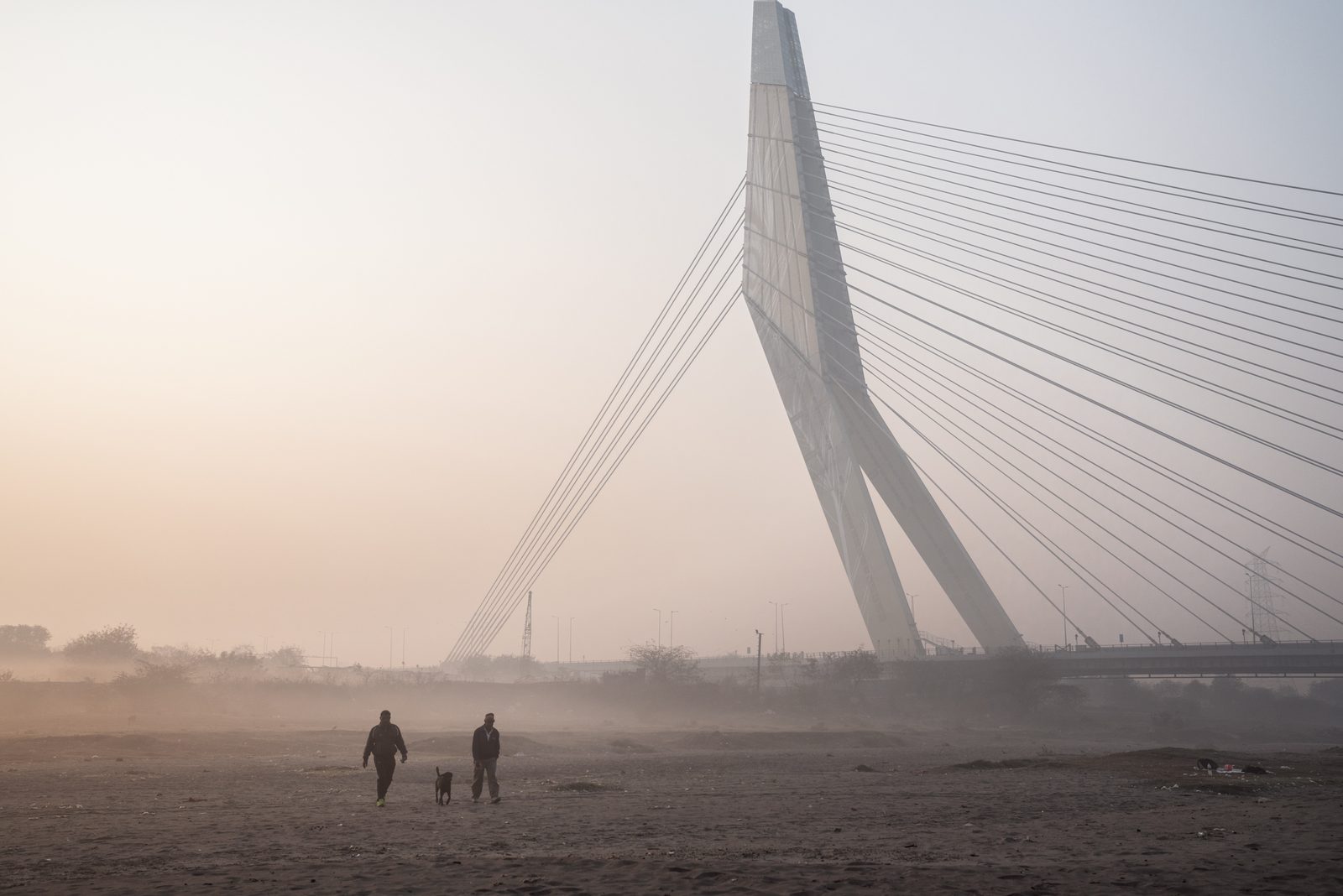 Two men and a stray dog walking along the banks of the Yamuna River covered in smog in New Delhi, India