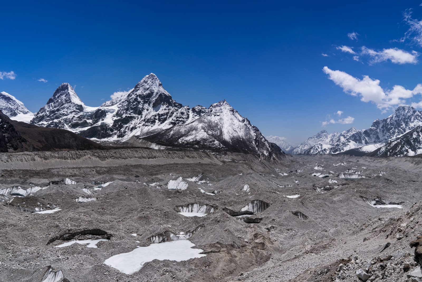 Melt pools on top of the Ngozumpa Glacier in Nepal's Himalayan region