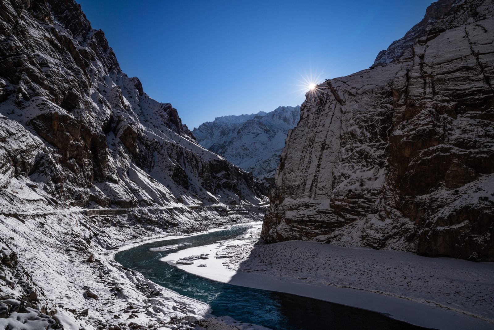 The Znaskar River, a tributary to the Indus River, flows through the Zanskar Valley