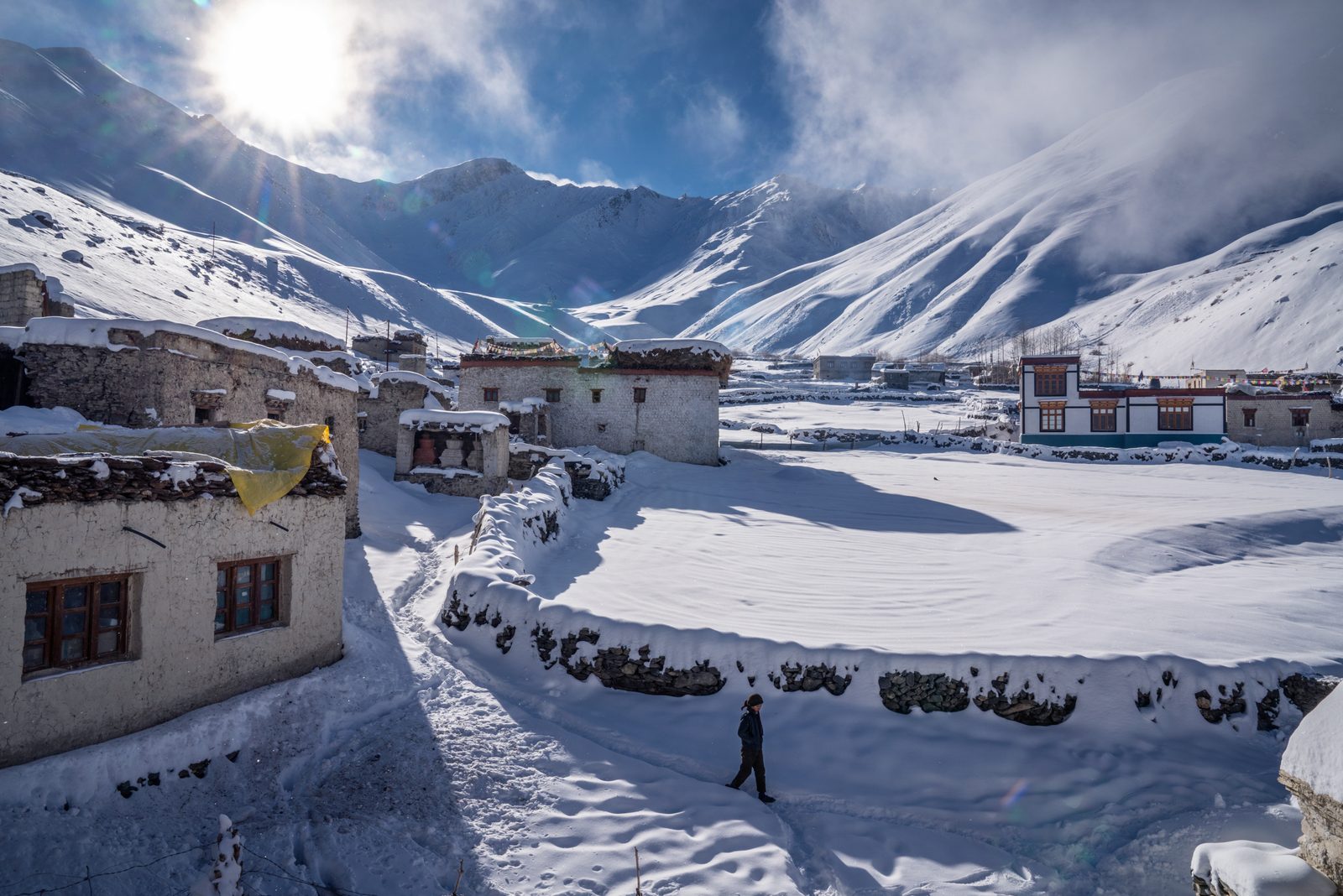 The sun rises behind Sultan Largo with Kumik blanketed in snow