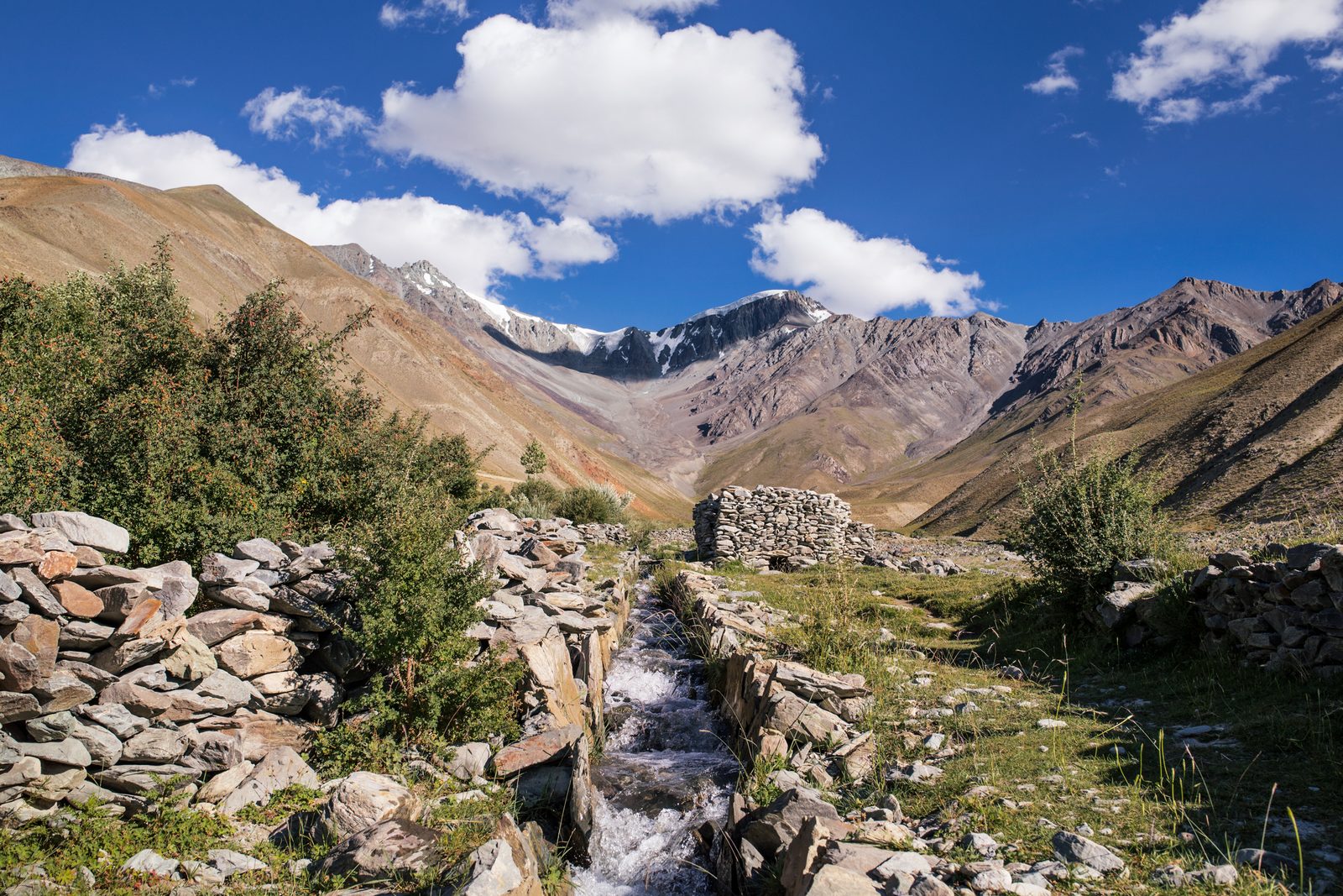 Water from the spring running down a canal in Kumik. The glacier Sultan Largo looms in the background